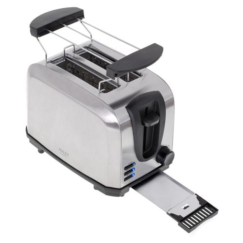 ADLER AD3222 Edelstahl Toaster 2 Scheiben, Brötchenaufsatz, 1000W Leistung, 7 Bräunungsstufen, Auftaufunktion, Röstfunktion, Stoppfunktion, Krümelschublade, Kabelaufbewahrung, sicherer Toastauswurf