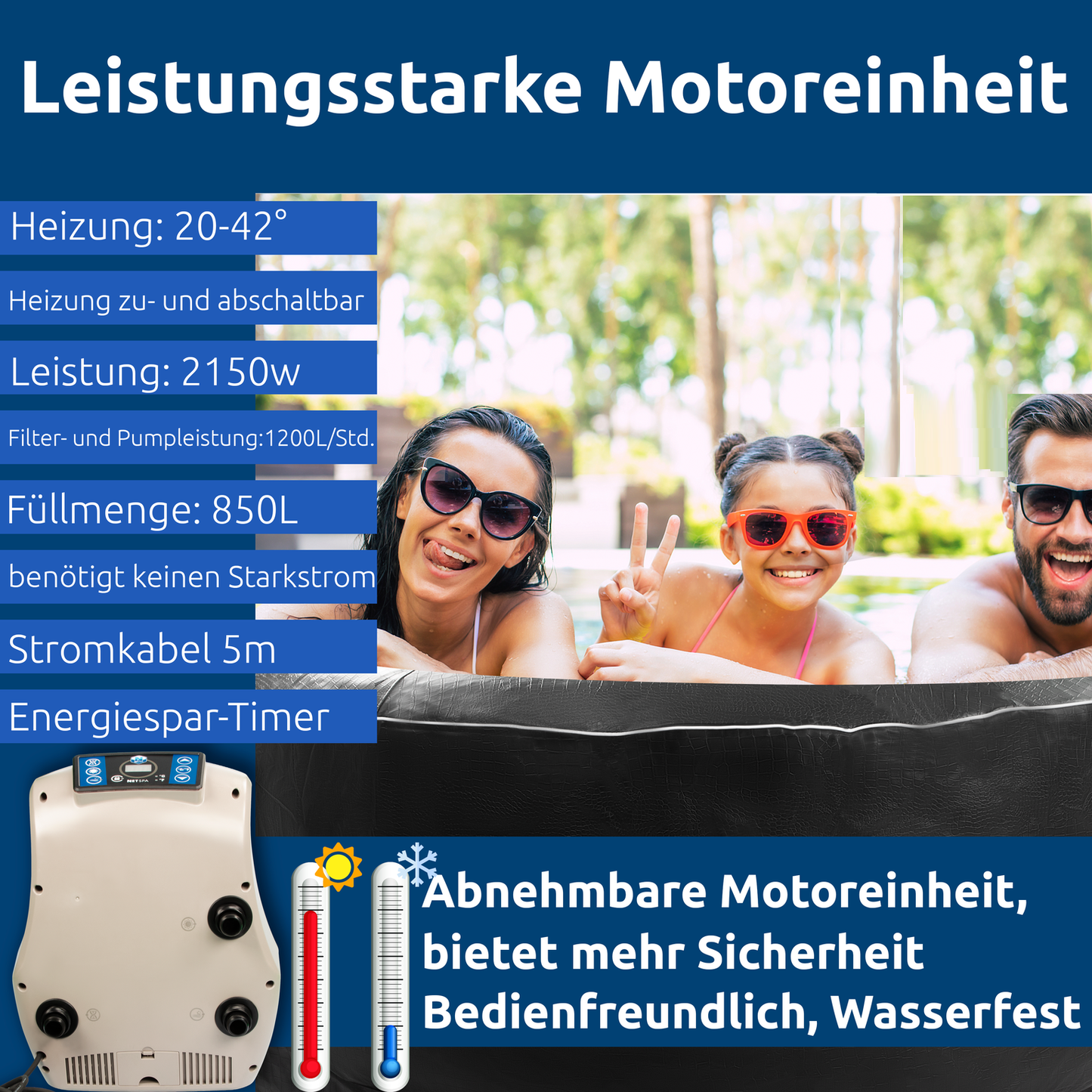 JUNG BOA SPA Whirlpool, selbstaufblasend, beheizbar, für bis zu 5 Personen, rund, Outdoor & Indoor, Krokodil-Optik, Ø 195 cm, energiesparend, wartungsfreundlich