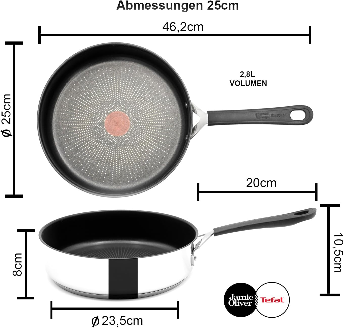 Tefal E3033344 Jamie Oliver Edelstahl Schmorpfanne 25 cm, Induktionskompatibel, Ofenfest, Titanbeschichtet, Spülmaschinenfest, Antihaftbeschichtung, Thermo-Signal Indikator, Edelstahlgriff, Schmorpfanne