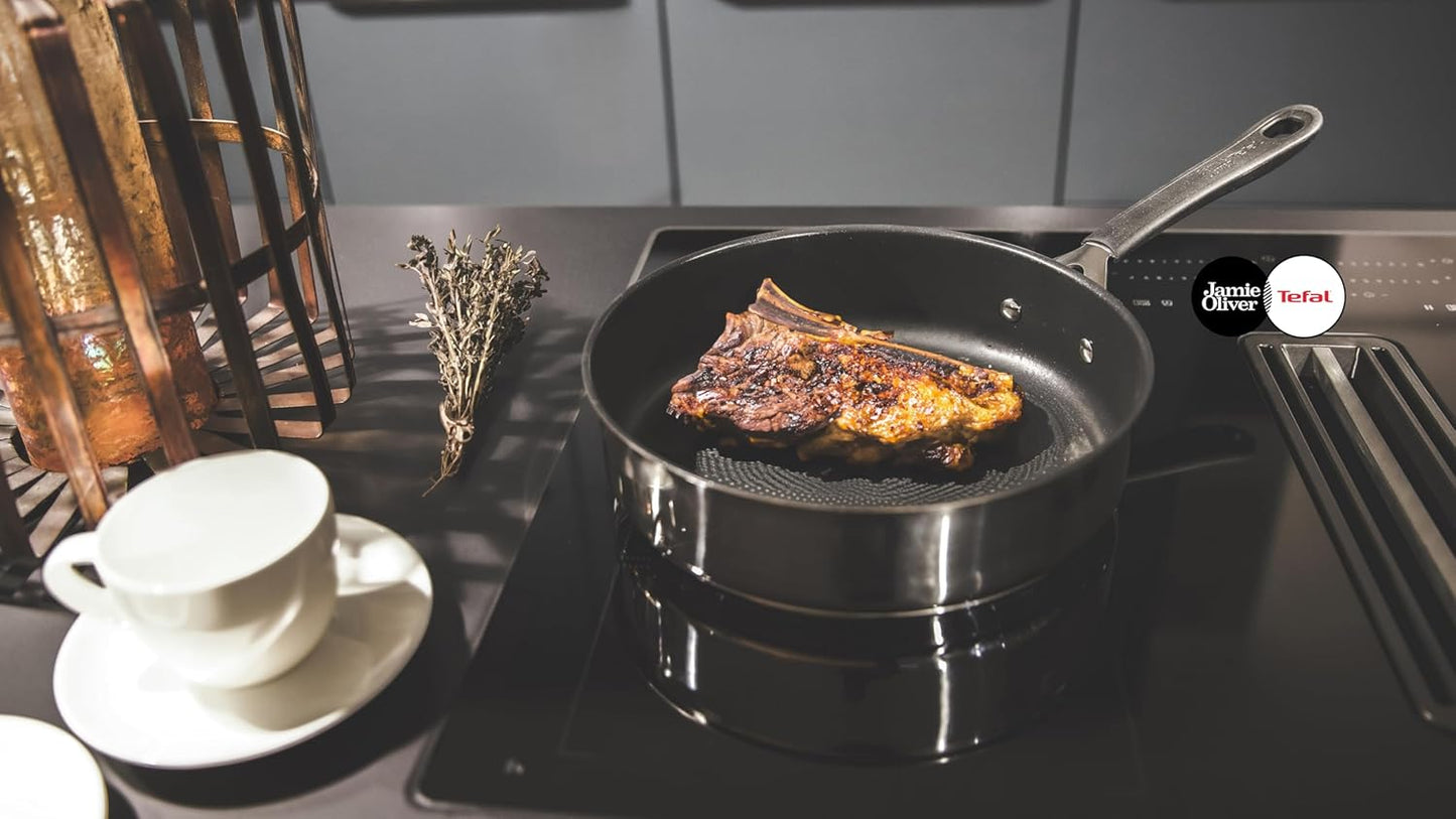 Tefal E3033344 Jamie Oliver Edelstahl Schmorpfanne 25 cm, Induktionskompatibel, Ofenfest, Titanbeschichtet, Spülmaschinenfest, Antihaftbeschichtung, Thermo-Signal Indikator, Edelstahlgriff, Schmorpfanne