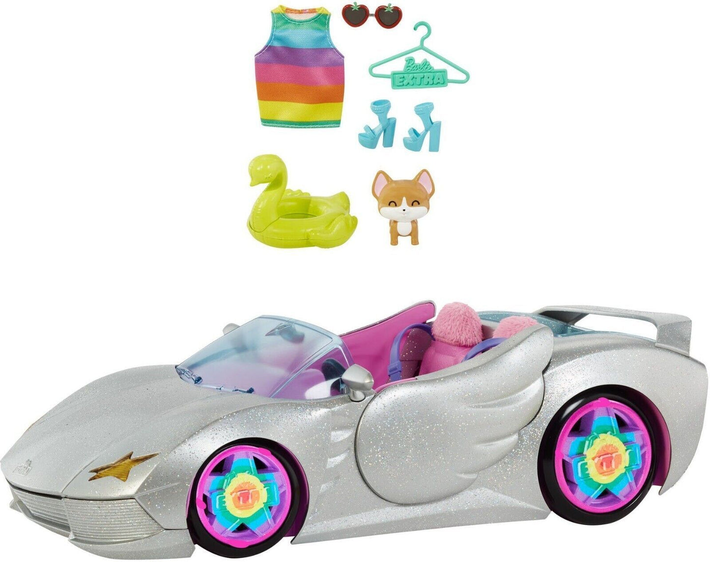 Barbie HDJ47 Cabrio - Glitzerndes Silbernes Auto für Barbie mit Scherentüren, Mini-Pool, Modeaccessoires, Corgi-Hündchen, Regenbogenfelgen, Rosa Innenausstattung – Spielzeugauto für Kinder