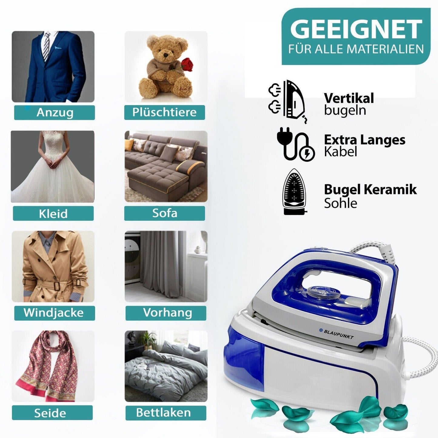 Blaupunkt MEN803 Dampfbügelstation, Dampfbügelstation 2250W, 5.2 Bar, Dampfstoß 280g/Min, abnehmbarer Wassertank 1.2L, Keramiksohle, automatische Abschaltung, Antikalk-System, vertikales Bügeln