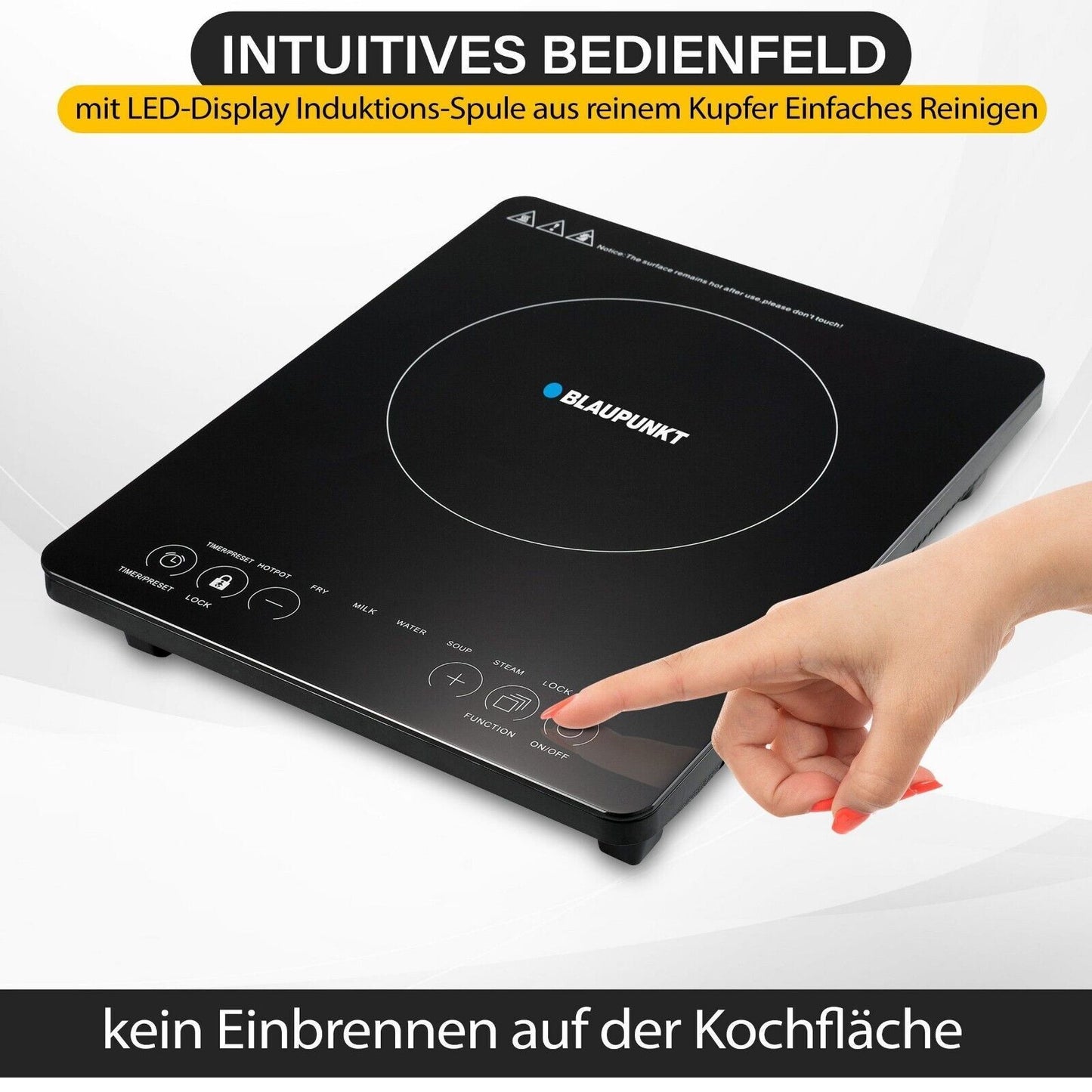 Blaupunkt MEN820 Induktionskochfeld 2000W 1-Platten Standgerät tragbar Schnellstart Sicherheitsfunktionen Touch-Display Glaskeramikplatte Energieeffizient LED-Anzeige Zeitschaltuhr Schwarz