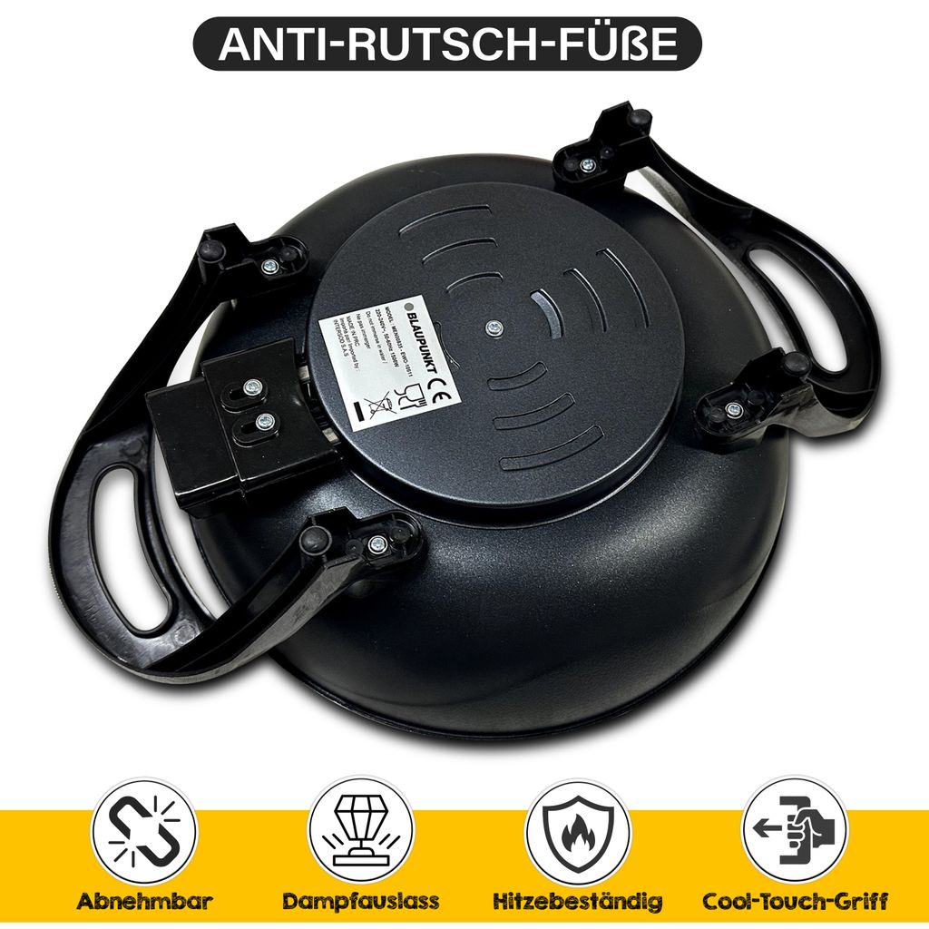 Blaupunkt MEN835 Elektropfanne, 1500W, 6L Wok, Antihaftbeschichtung, regelbarer Thermostat bis 215°C, Glasdeckel, abnehmbares Kabel, multifunktional, Paella Pfanne, für große Mahlzeiten, einfache Reinigung