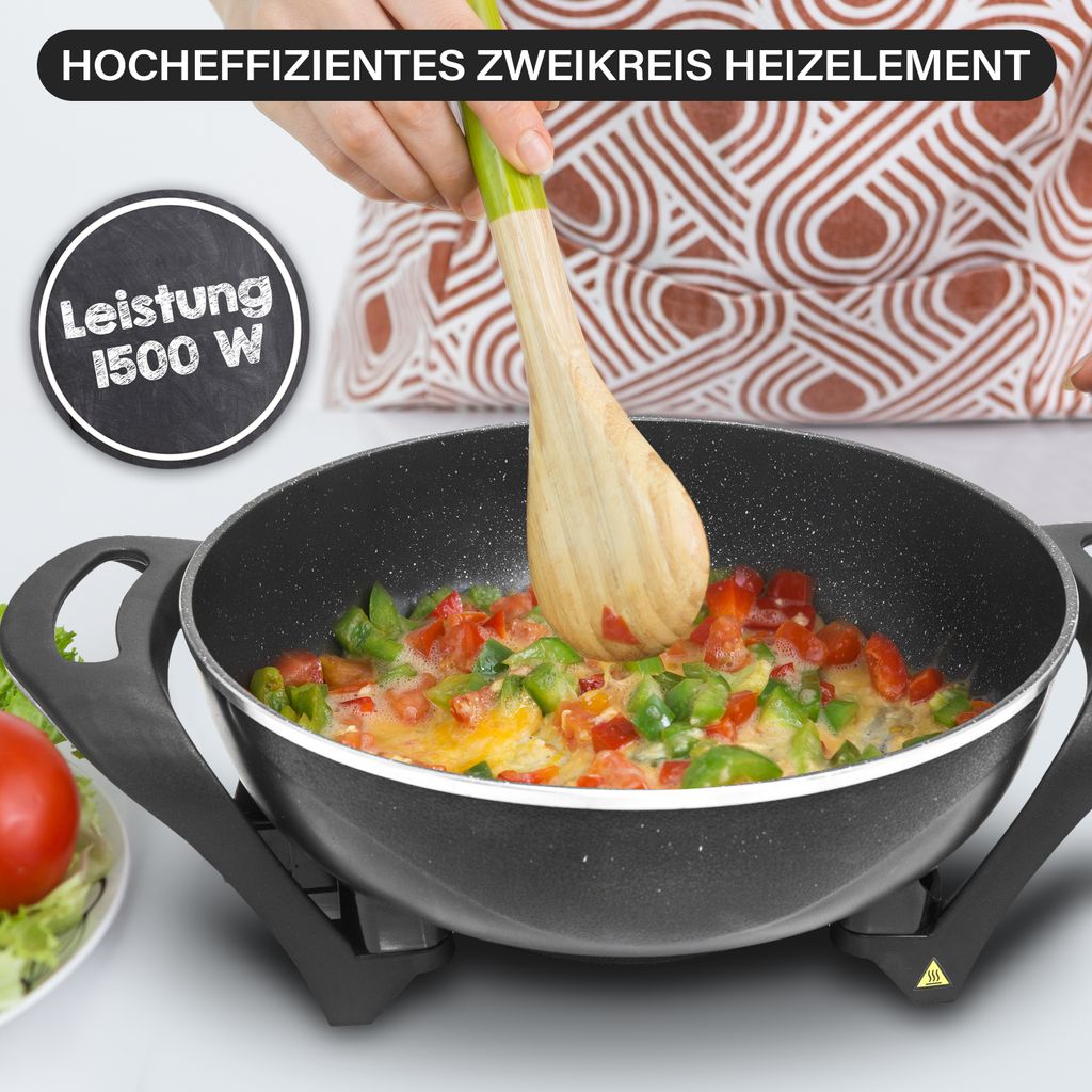 Blaupunkt MEN835 Elektropfanne, 1500W, 6L Wok, Antihaftbeschichtung, regelbarer Thermostat bis 215°C, Glasdeckel, abnehmbares Kabel, multifunktional, Paella Pfanne, für große Mahlzeiten, einfache Reinigung
