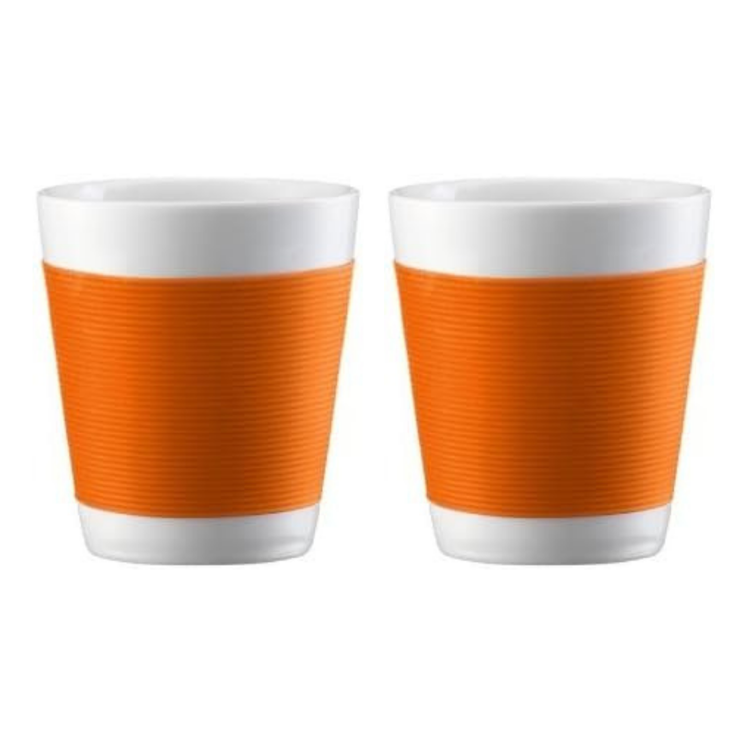 Bodum Kantine 2 Tassen, doppelwandig, Porzellan, 0,1 l, Orange, spülmaschinenfest, praktische Isolierung, Anti-Rutsch-Silikonhülle, Set für Kaffee, Tee, heiße Schokolade, langlebig, stilvoll