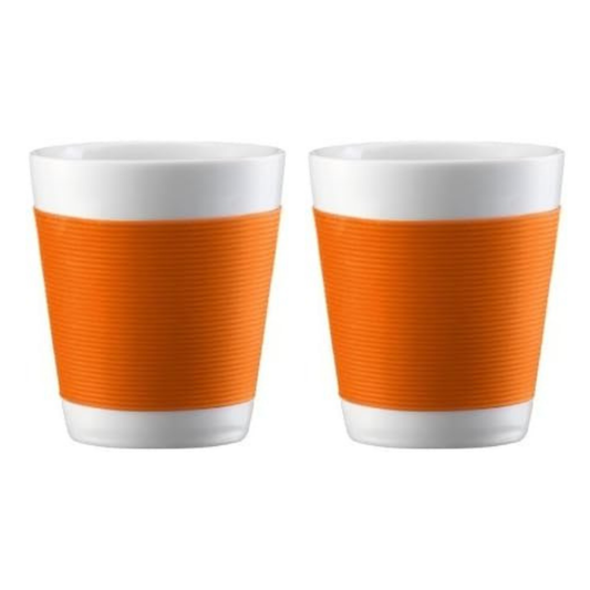 Bodum Kantine 2 Tassen, doppelwandig, Porzellan, 0,1 l, Orange, spülmaschinenfest, praktische Isolierung, Anti-Rutsch-Silikonhülle, Set für Kaffee, Tee, heiße Schokolade, langlebig, stilvoll