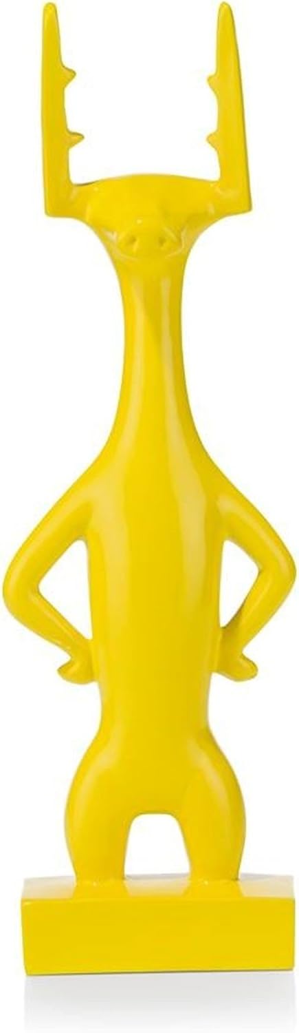 COCOMaison Dekorative Handbemalte Hirsch Skulptur Funny Deer 40 cm auf Sockel – Moderne Polyresin Tierfigur in Gelb – Wohnaccessoire für Wohnzimmer Büro Regal Dekoration Dekofigur