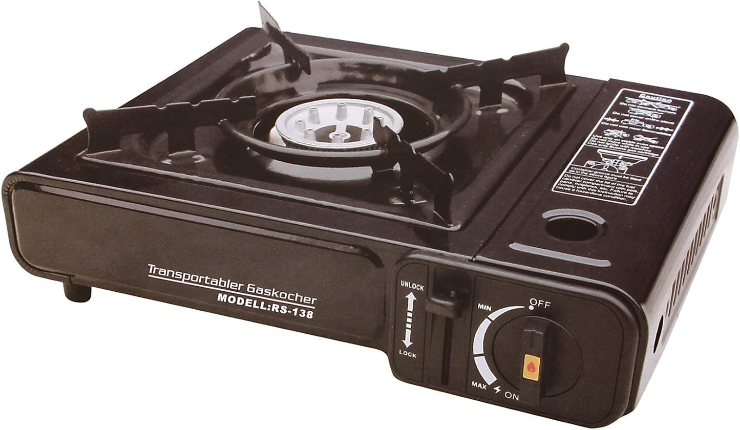 RSonic PF-Distronics Camping Gaskocher 2,2 kW mit Piezozündung, Aluminium-Brennerkopf, Windschutz, Kunststoffkoffer – tragbarer Butan-Gaskocher für Garten, Terrasse, Balkon und Outdoor-Aktivitäten