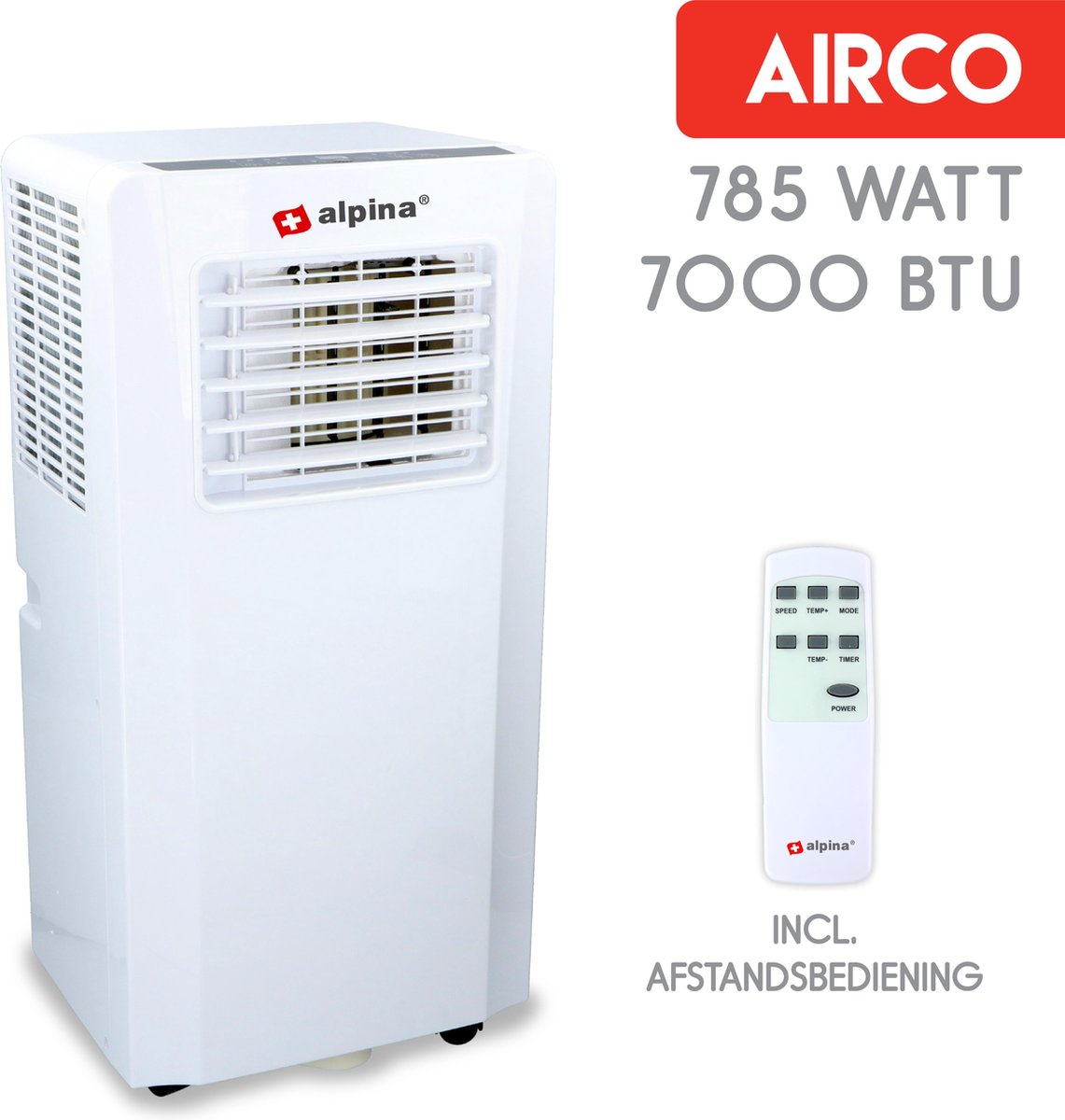 Commodoor Alpina Mobile Klimaanlage 785W 0,5L 3in1 Klimagerät 7000BTU – Luftkühler, Ventilator, Luftbefeuchter mit Fernbedienung, 65dB - bis 75 m²