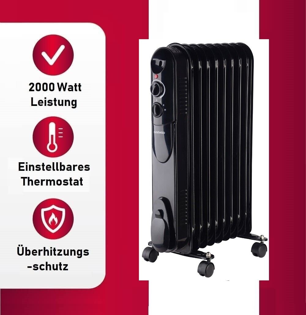 DAEWOO DOH-359M Mobiler Ölradiator 2000W Elektroheizung Heizkörper mit Thermostat 9 Rippen Öl-Heizung für Innenräume energiesparend geräuschlos Überhitzungsschutz Tragegriff Rollen
