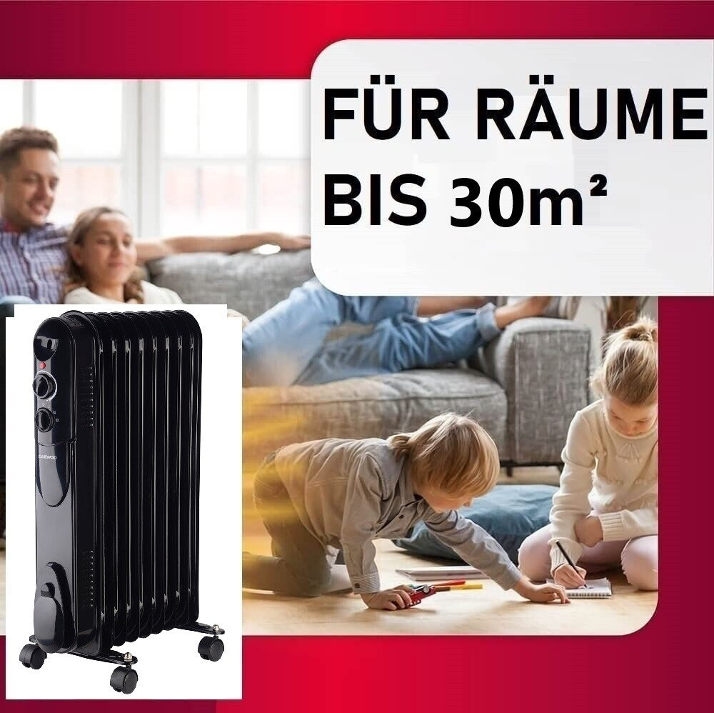 DAEWOO DOH-359M Mobiler Ölradiator 2000W Elektroheizung Heizkörper mit Thermostat 9 Rippen Öl-Heizung für Innenräume energiesparend geräuschlos Überhitzungsschutz Tragegriff Rollen