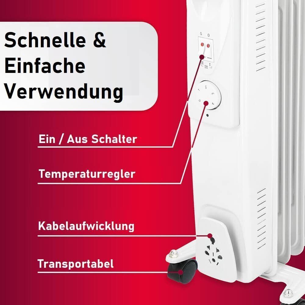 Delonghi TRD4 mobiler Ölradiator Heizkörper 1500W leise Elektroheizung mit Rollen, Thermostat und Sicherheitsabschaltung für große Räume – energieeffizient, kompakt, tragbar