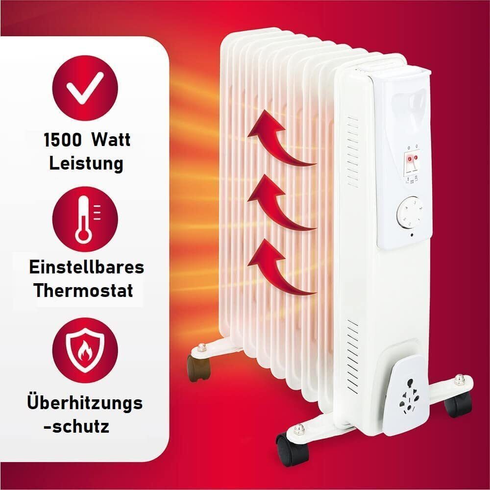 Delonghi TRD4 mobiler Ölradiator Heizkörper 1500W leise Elektroheizung mit Rollen, Thermostat und Sicherheitsabschaltung für große Räume – energieeffizient, kompakt, tragbar
