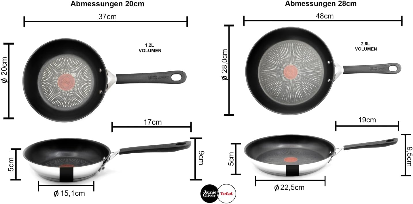 Tefal E30 Jamie Oliver Pfannenset Edelstahl Induktion 20 & 28 cm | Antihaftbeschichtung | ThermoSpot | Hoher Rand | Spülmaschinenfest | Backofenfest | Profi Bratpfannen-Set