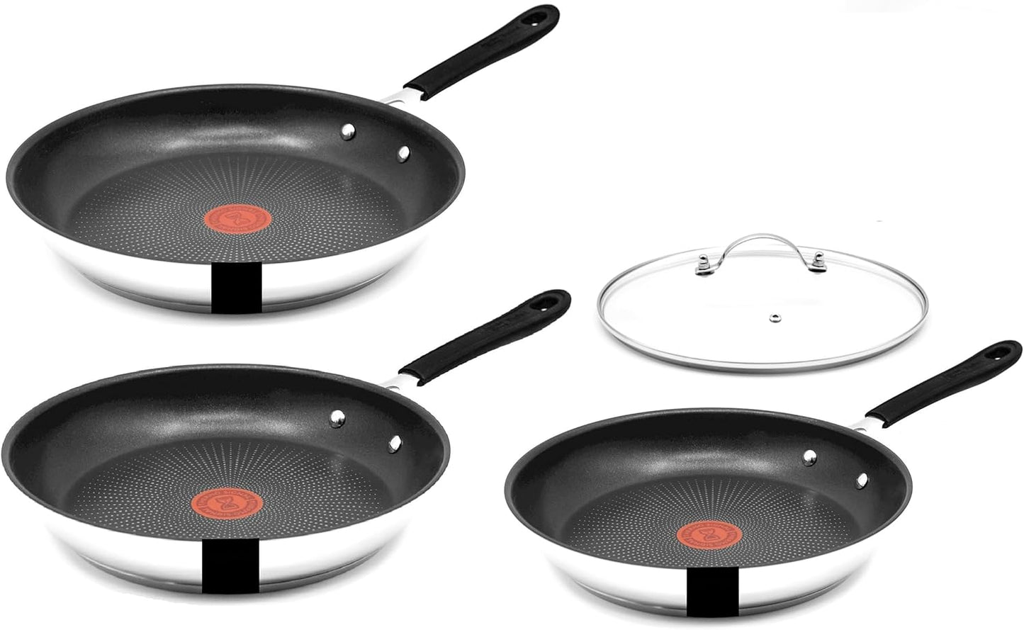 Tefal E30 Jamie Oliver Edelstahl Pfannenset 28 cm + 24 cm + 20 cm, Antihaftbeschichtet, Induktionsfähig, Thermo-Signal, Backofenfest bis 175°C, Hitzebeständig bis 260°C, Genieteter Edelstahlgriff mit Silikon