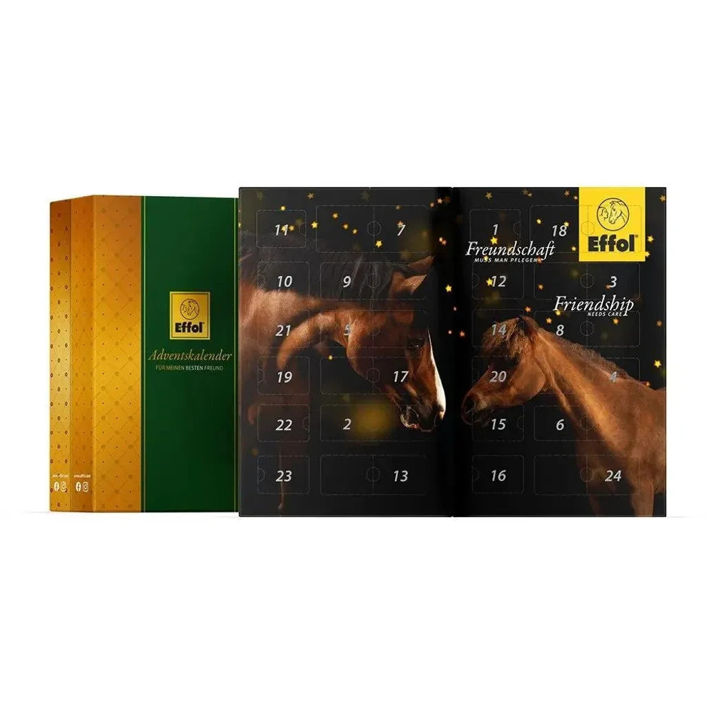 Effol Pferd Adventskalender 2025 für Pferde und Reiter mit 24 Pflegeprodukten von Effol, Effax und HEY Fell, Huf, Leder und Textilien ( Wert 200€ )