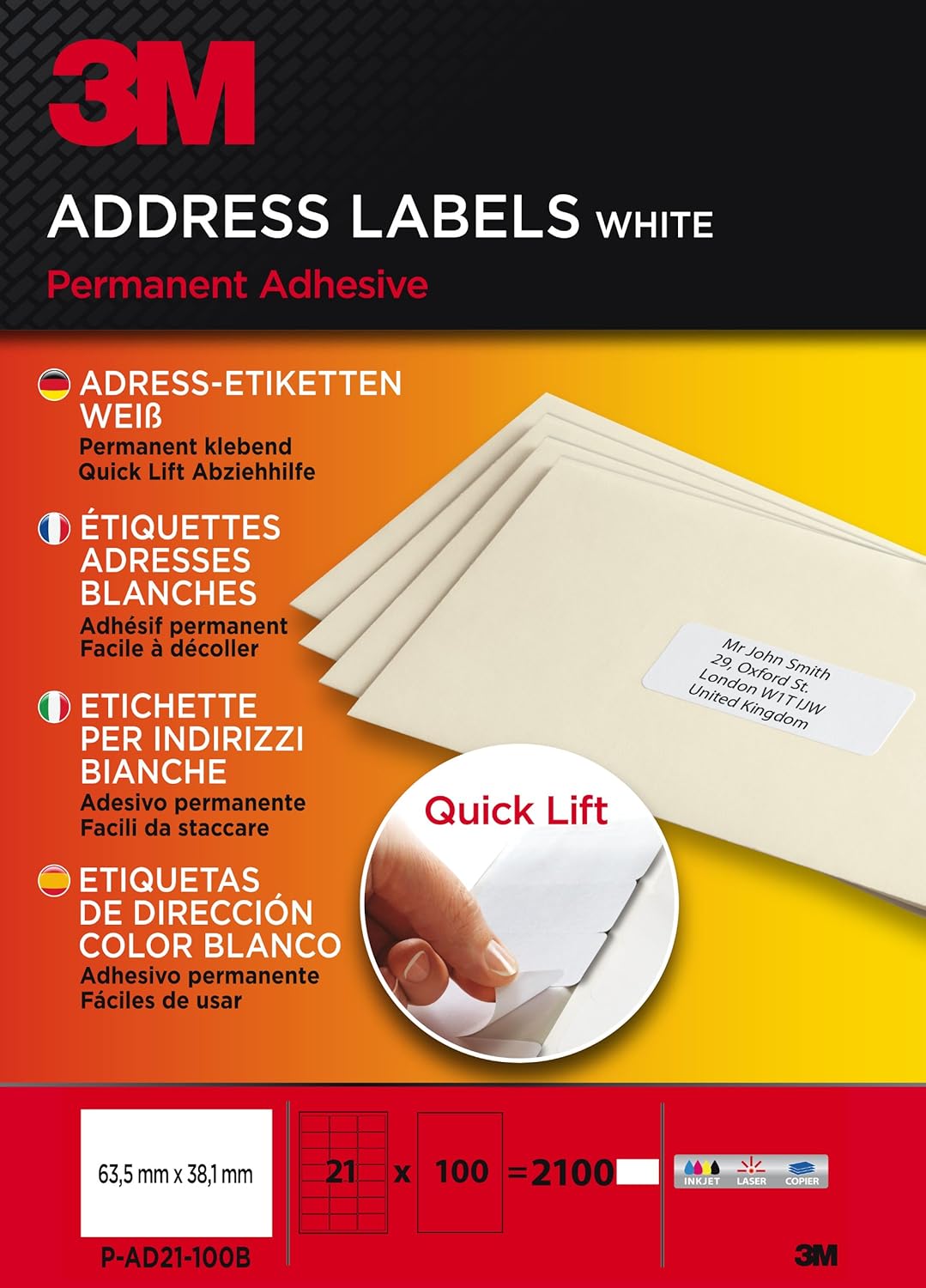 3M PA21100B Quick Lift Adressetiketten 63.5 x 38.1 mm – Weiße Versandetiketten, Büroaufkleber, selbstklebend, permanent haftend, 2100 Stück, kompatibel mit Inkjet, Laser, Kopierer