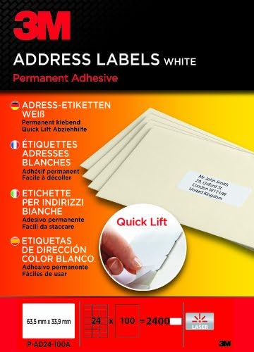 3M PA24100A Quick Lift Haftetiketten Adressetiketten 63,5 x 33,9 mm Versandetiketten Büroaufkleber Selbstklebend Permanent Weiß 2400 Stück Optimiert für Laserdrucker