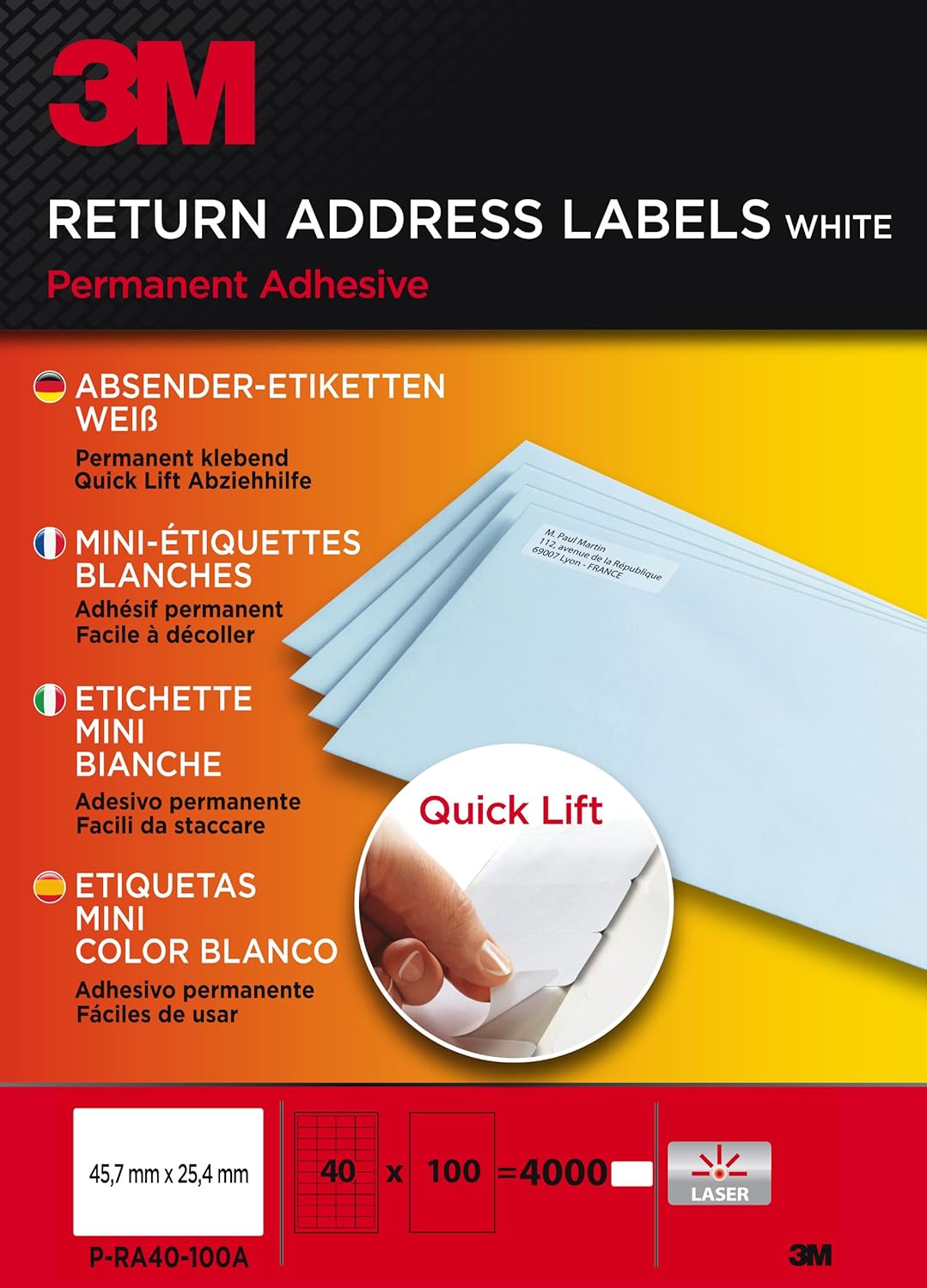 3M PR40100A Quick Lift Versandetiketten für Laserdrucker – 4000 selbstklebende Adressetiketten mit starker Haftung im Format 45,7 x 25,4 mm für Büro, Versand & Organisation