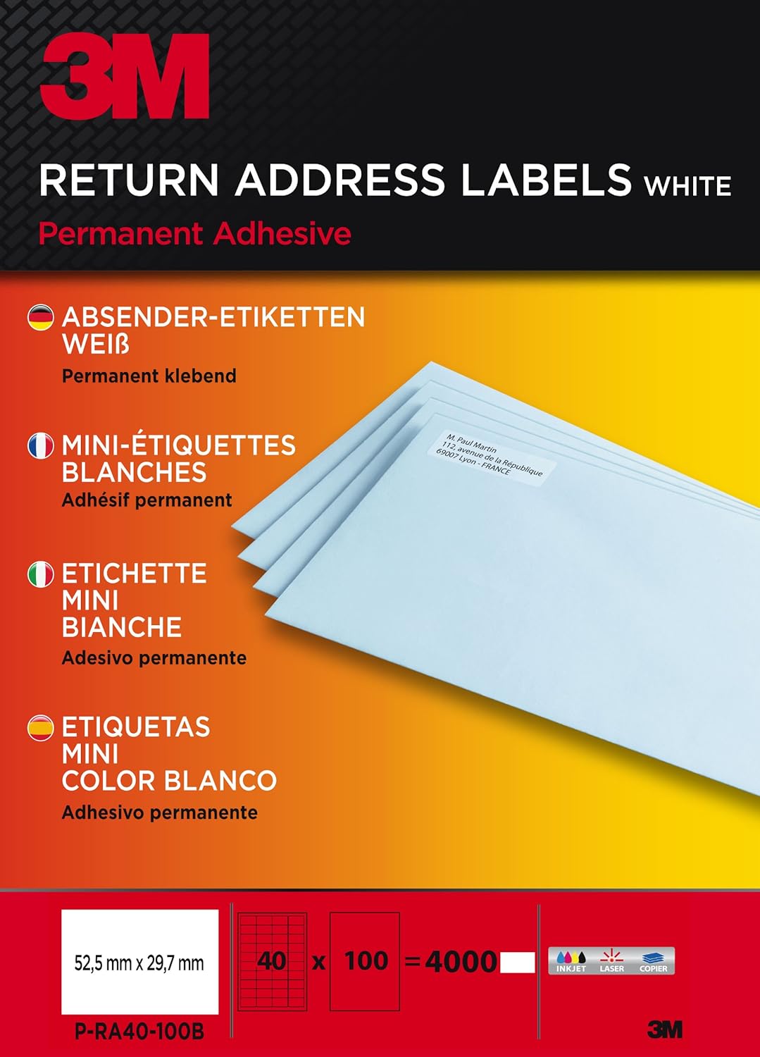 3M PR40100B Weiße selbstklebende Adressetiketten für Inkjet, Laser und Kopierer – 4000 starke Haftetiketten im Format 52,5 x 29,7 mm für Versand, Organisation und Büroanwendungen