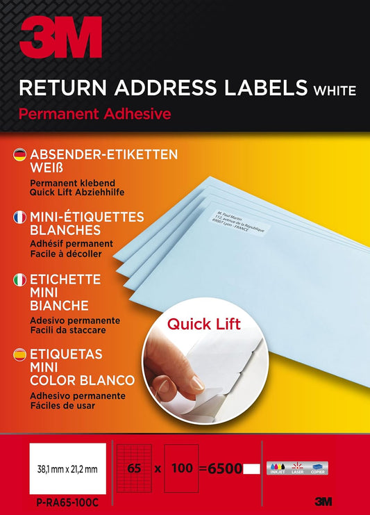 3M PR65100C Quick Lift Absender-Etiketten 38,1 mm x 21,2 mm mit starker permanenter Haftung, selbstklebende weiße Versand- und Adressaufkleber, kompatibel mit Inkjet- und Laser-Druckern, 6500 Stück, effiziente Büro- und Versandetiketten