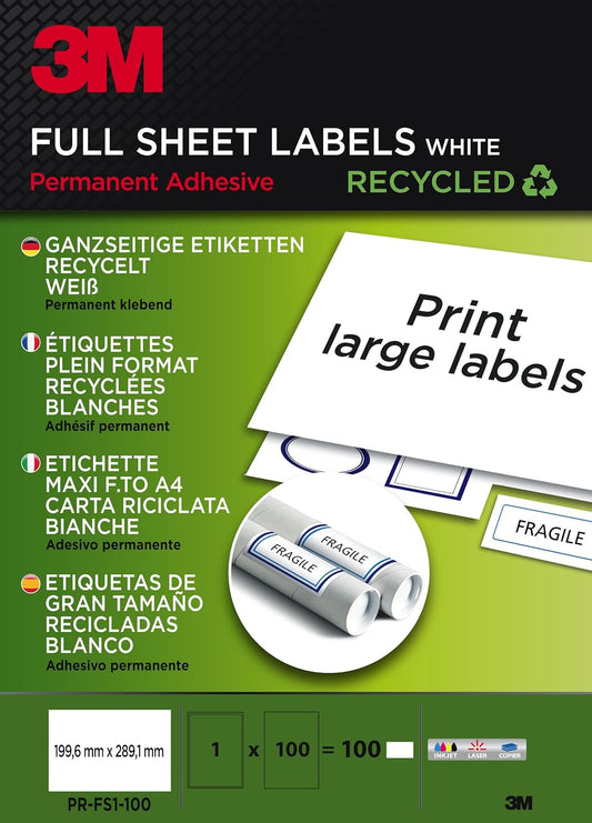 3M PRFS1100 Umweltfreundliche Vollformat-Etiketten aus Recyclingpapier – 100 selbstklebende A4 Etiketten, chlorfrei, permanent haftend, weiß, für Inkjet-, Laser- und Kopierdrucker geeignet