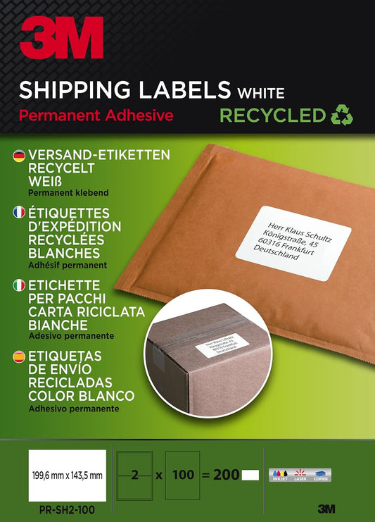 3M PRSH2100 Recycelte Versandetiketten 199,6 x 143,5 mm – 200 umweltfreundliche, chlorfreie, großformatige Etiketten für Laser-, Inkjetdrucker & Kopierer – weiß, haftstark & nachhaltig
