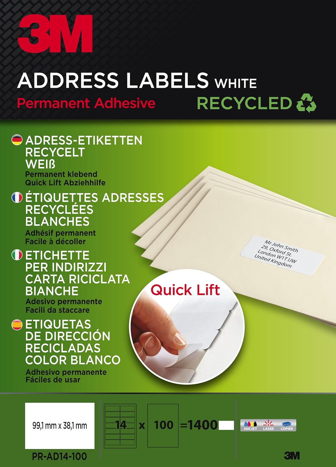 3M PRAD14100 Quick Lift Adressetiketten 99,1 x 38,1 mm – 1400 recycelte selbstklebende Etiketten für Laser, Inkjet & Kopierer – Umweltfreundliche Versandetiketten für Büro & Lagerkennzeichnung