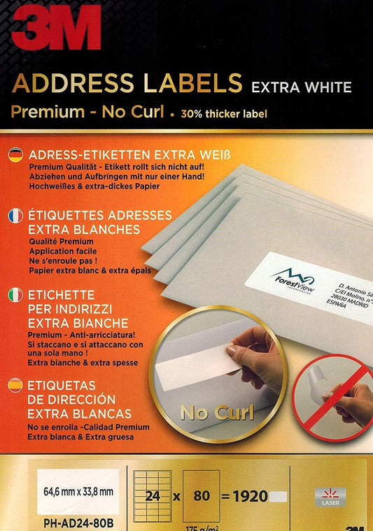 3M Premium Adressetiketten 1920 Stück Großpackung A4 80 Blätter selbstklebend No-Curl Technologie 64,6x33,8 mm für Inkjet Laser Kopierer Klebeetiketten Versandetiketten Recycling Etikettenpapier
