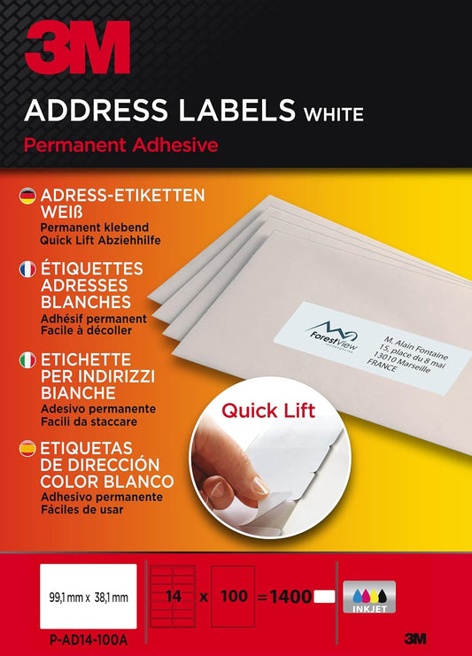 3M PA14100A Quick Lift Adressetiketten 99.1 x 38.1 mm – 1400 weiße selbstklebende Etiketten für Inkjetdrucker, starke Klebkraft, Versandetiketten und Büroaufkleber mit einfacher Handhabung