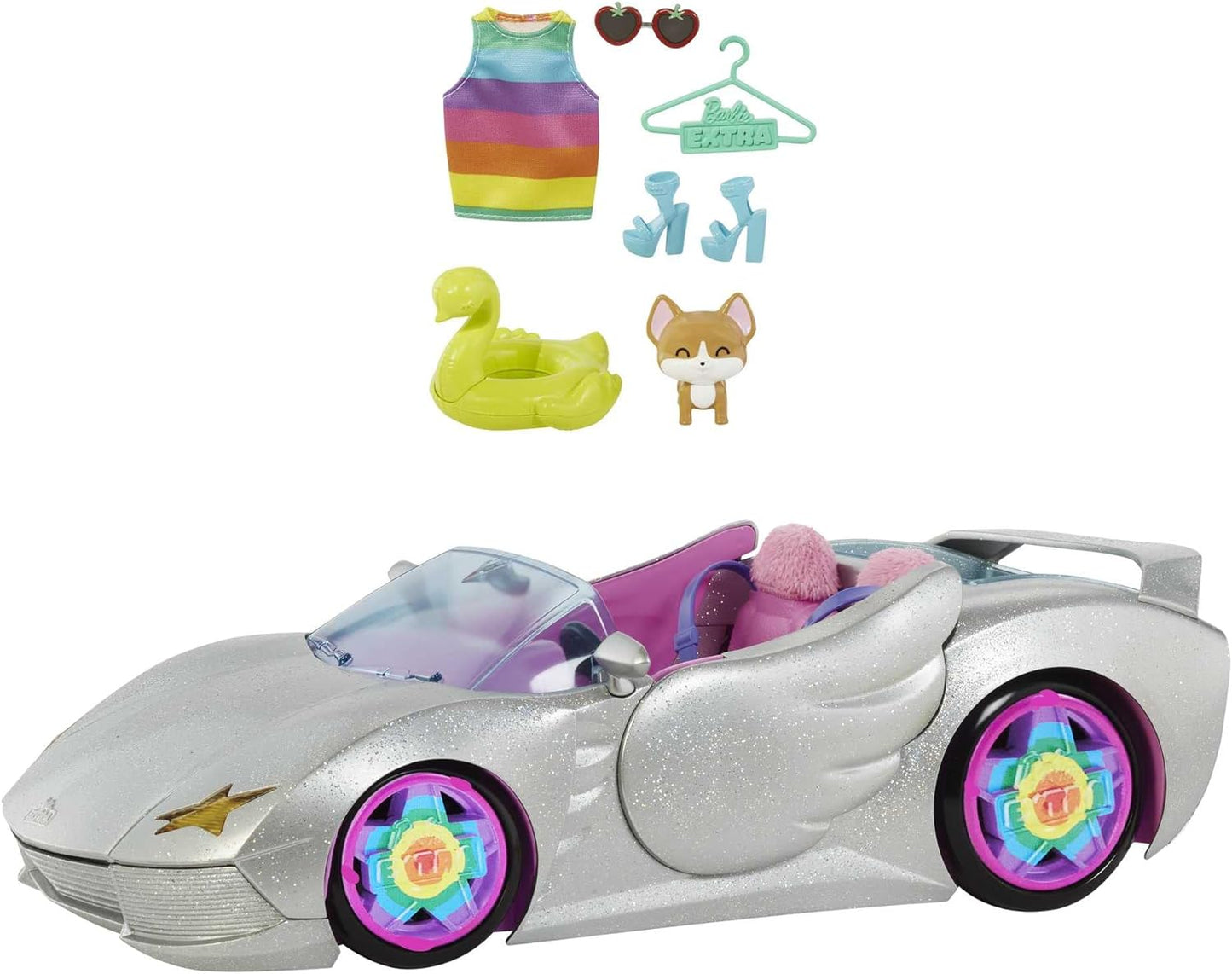 Barbie Extra, Barbie Auto Cabrio, in silber, mit beweglichen Rädern inkl. Barbie Zubehör wie Barbie Kleidung und Haustier, Spielzeug ab 3 Jahre, HDJ47
