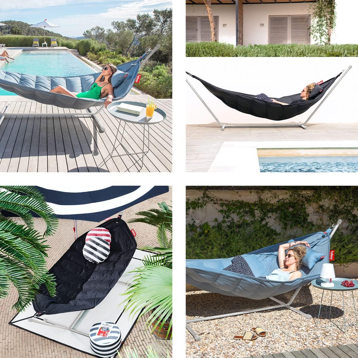 Fatboy® Headdemock Superb in Grau | XXL Hängematte für 2 Personen | Komfort Hängematte mit Metallgestell | Wasser- und UV-beständig | Tragfähigkeit bis 150 kg | Outdoor Hängematte mit Kissen und Tragetasche