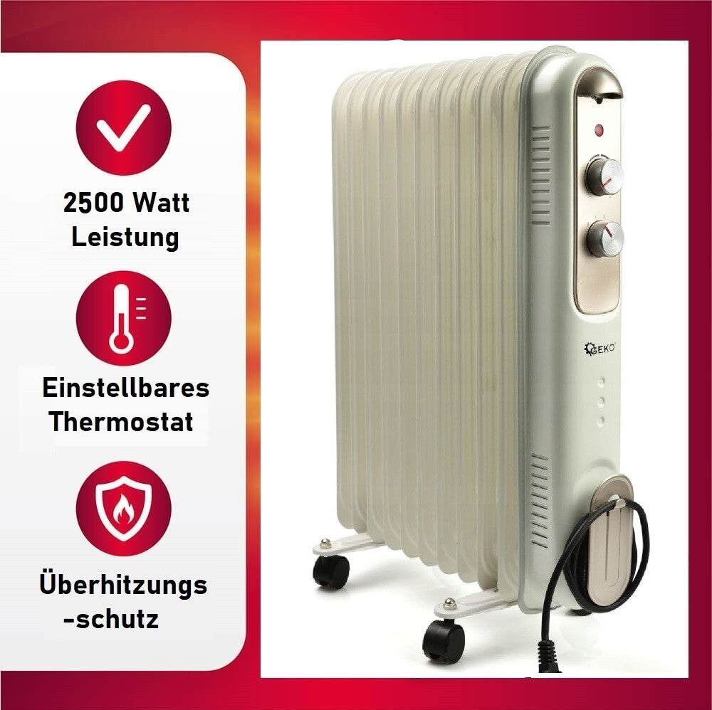 JUNG Geko G80554 Ölradiator 2500W – Hochleistungs Heizkörper für große Räume, 9 Heizlamellen, energiesparend, 3 Heizstufen, stufenloser Thermostat, Überhitzungsschutz, leiser Betrieb, hohe Mobilität, ideal für Räume bis 35 m²