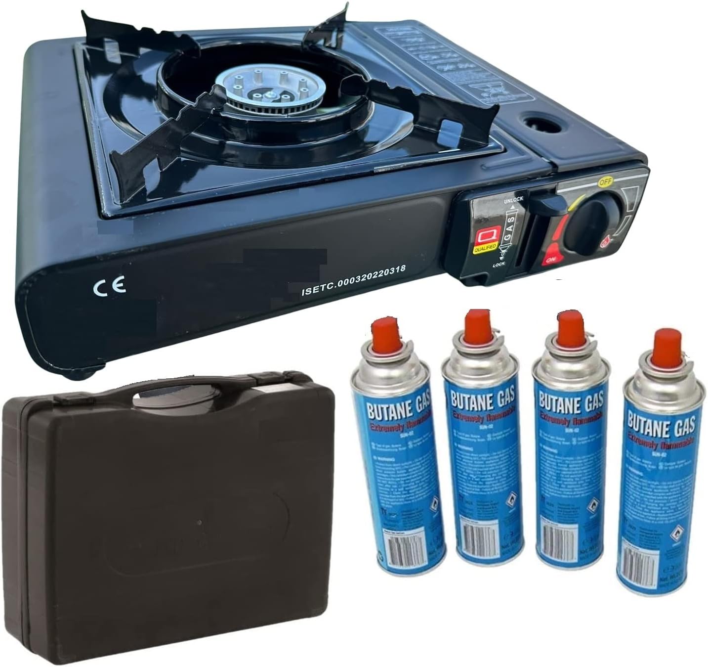 SENA Camping Gaskocher Set mit 4 Butan-Gaskartuschen, 1-flammiger Outdoor-Kocher mit 2,5 kW Leistung, Piezozündung, stufenloser Flammenregulierung, inklusive Transportkoffer – ideal für Camping, Garten und Notfälle