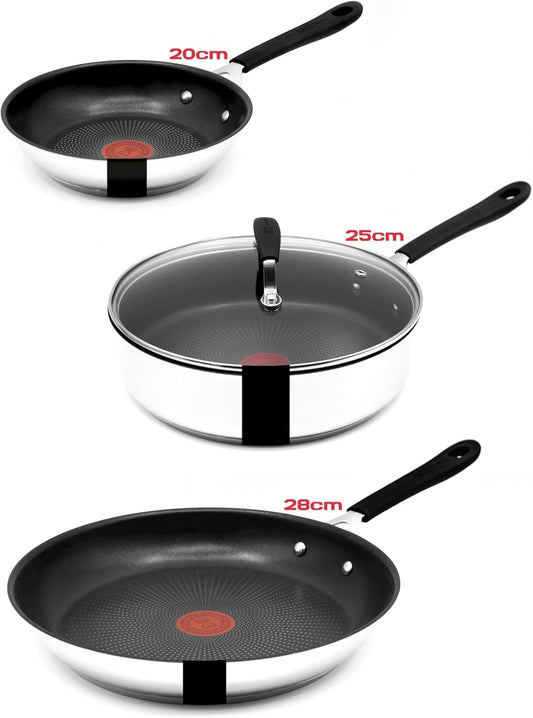 Tefal E30 Jamie Oliver Pfannenset - Pfanne 20 cm + 28 cm + Schmorpfanne 25cm mit Deckel Induktion, Bratpfanne Edelstahl, Antihaft Beschichtet, Pfannen Hoher Rand, Backofenfest, Genieteter Griff,