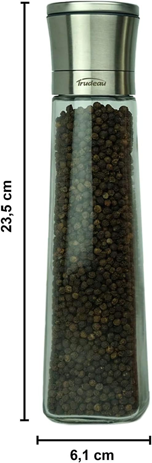 Trudeau Gewürzmühle Set 2er Salz- und Pfeffermühlen mit robustem Keramikmahlwerk, Edelstahlummantelung, Glasbehälter, stufenlos einstellbar, langlebige Gewürzmühlen für Salz, Pfeffer, Chili und diverse Gewürze