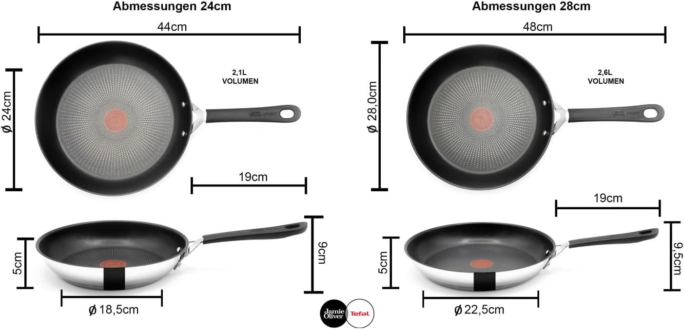 Tefal E30 Jamie Oliver Edelstahl Induktionspfannenset 24 cm + 28 cm - Antihaftbeschichtete Bratpfanne mit ThermoSpot, Genieteter Griff, Backofenfest, für alle Herdarten geeignet