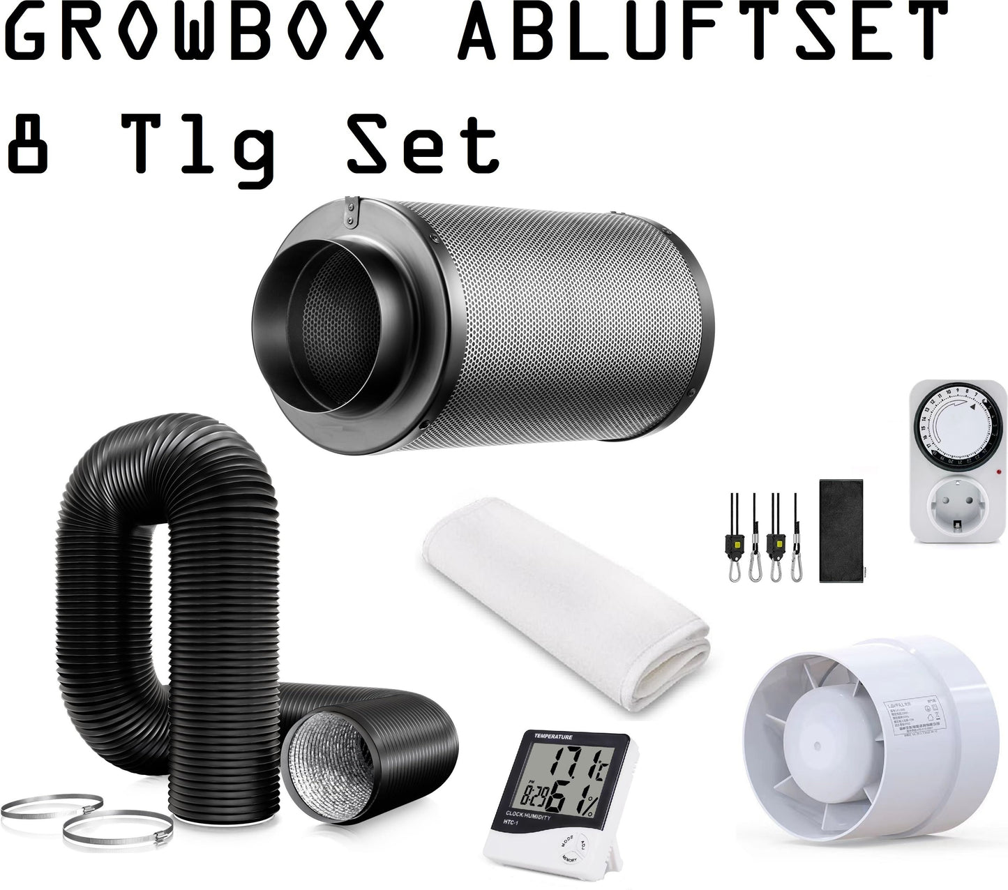 JUNG Abluftset für Growbox 100mm – Rohrventilator 170 m³/h, leiser Betrieb, hochwertiger Aktivkohlefilter mit RC412-Aktivkohle, Vorfilter, Zeitschaltuhr, Thermometer / Hygrometer für effektive Belüftung