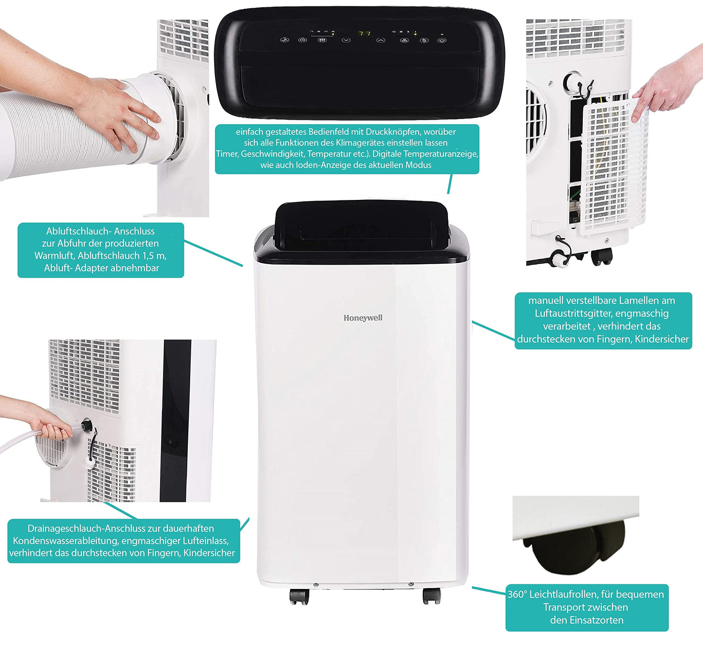 Honeywell HJ16CESVWK Mobile Klimaanlage, 16000 BTU, 4,7 kW, Entfeuchtung, 3 Modi, App Steuerung, Sprachsteuerung, Kompakt, Leise, Entfeuchter, für Räume bis 150 m³, Energieeffizient, 24h Timer