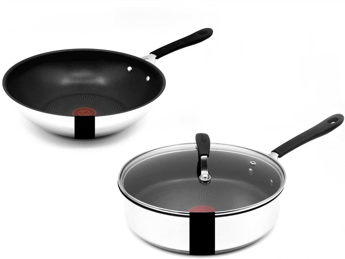 Tefal E30 Jamie Oliver Edelstahl Pfannenset 28 cm Wok + 25 cm Schmorpfanne, Antihaft, Induktion, Ofenfest, Hitzebeständig bis 260°C, Thermo-Signal Temperaturanzeiger, Genietete Griffe mit Silikon