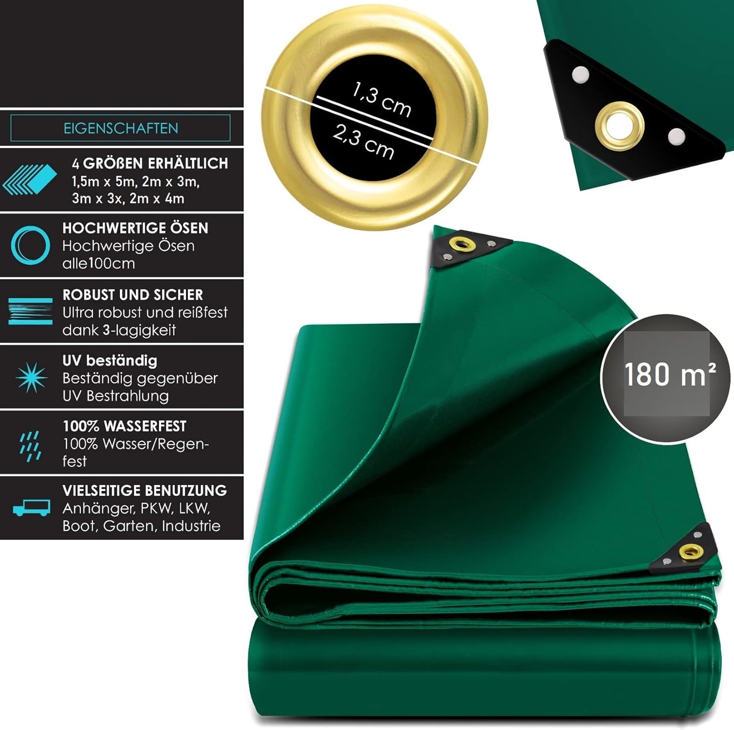 JUNG Abdeckplane Wasserdicht 180g/m² 1,5m x 5m UV-beständig witterungsfest reißfest Plane grün blau Gewebeplane Outdoor Schutzplane Abdeckung Campingplane Bootsplane Anhängerplane 7,5m²