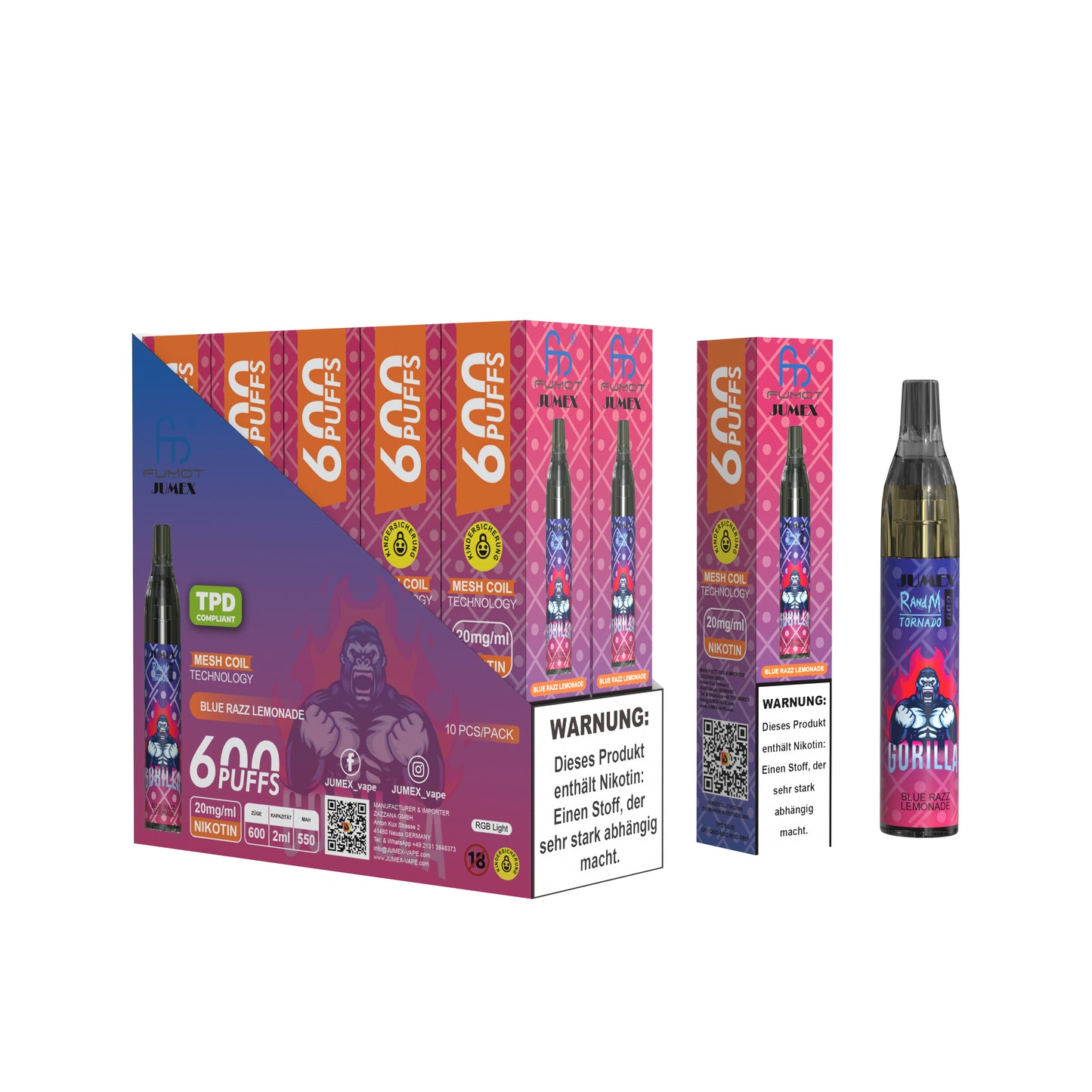 JUNG Jumex 600 Bluerazz Lemonade Vape mit Nikotin, Einweg E-Zigarette, 600 Züge, Blaue Himbeere, Limonade, Einweg Verdampfer, fruchtig, erfrischend, LED-Beleuchtung, sofort einsatzbereit, Nikotinverdampfer