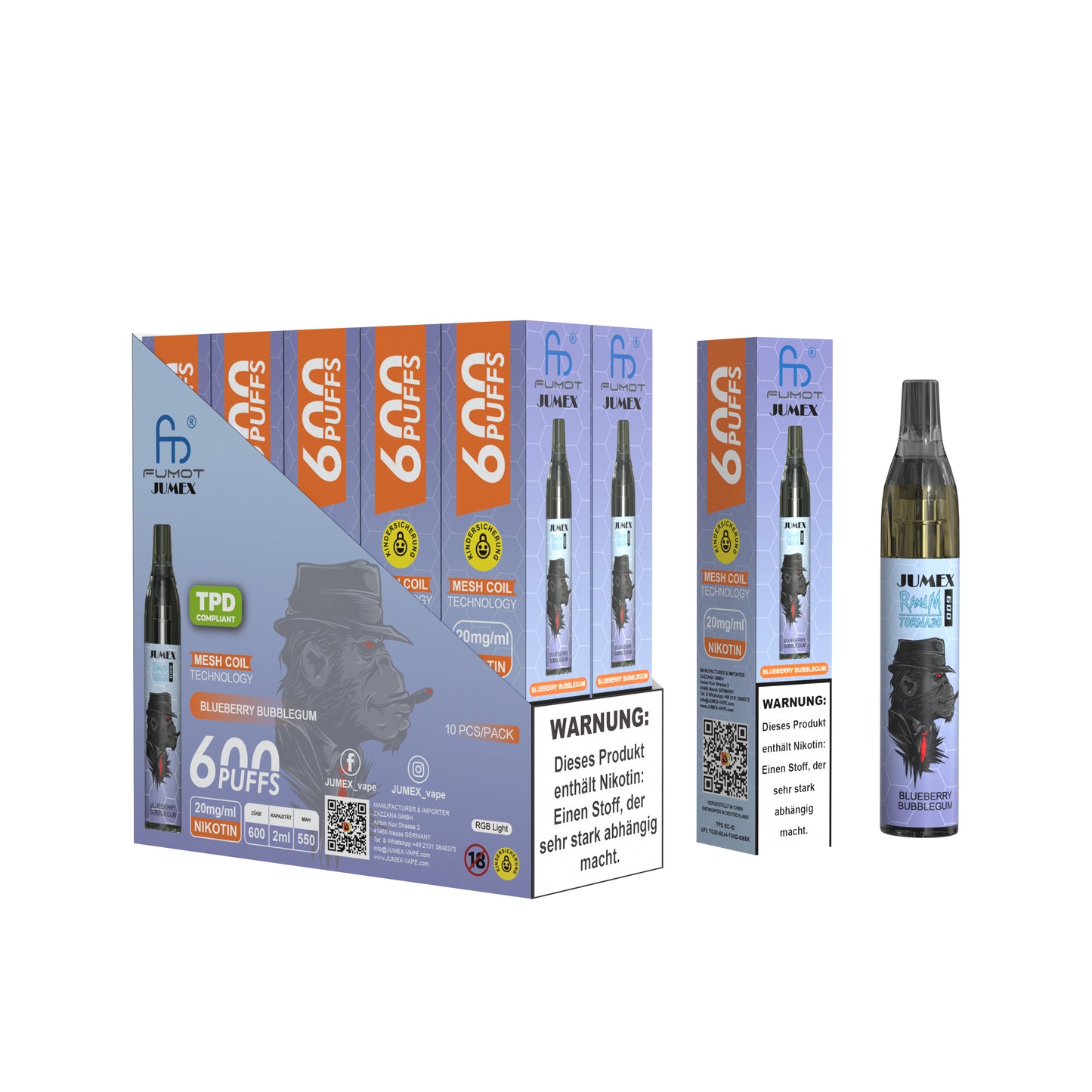 JUNG Jumex 600 Blueberry Bubblegum Vape mit Nikotin, Einweg E-Zigarette, 600 Züge, Blaubeere, Kaugummi, fruchtig, süß, LED-Beleuchtung, Einweg Verdampfer, sofort einsatzbereit, Nikotinverdampfer