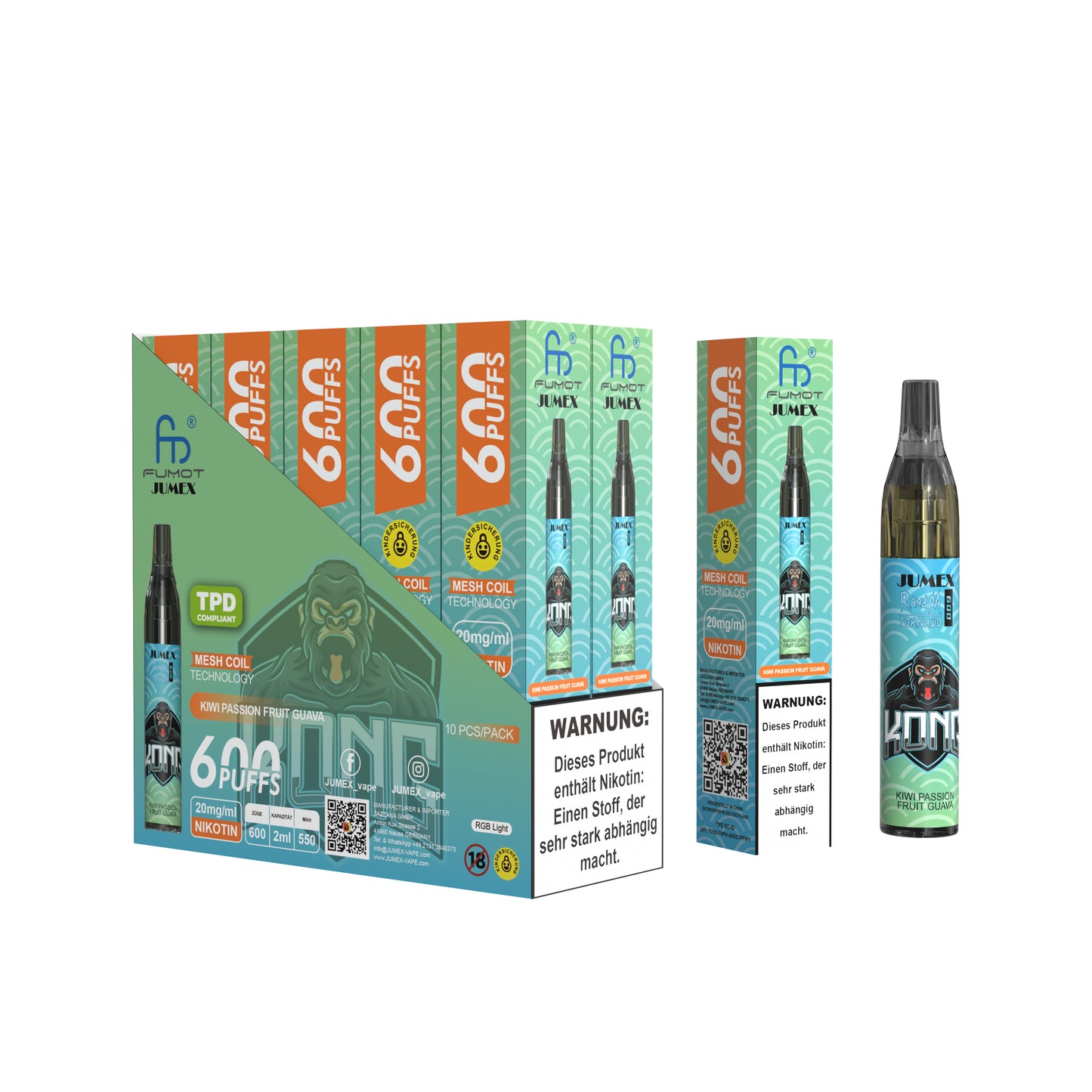 JUNG Jumex 600 Kiwi Passion Fruit Guava Vape mit Nikotin Einweg 600 Züge Exotische Aromen von Kiwi, Passionsfrucht und Guave, LED Farbwechsel, Einweg-Verdampfer, sicher mit Kindersicherung und ohne Nachfüllung