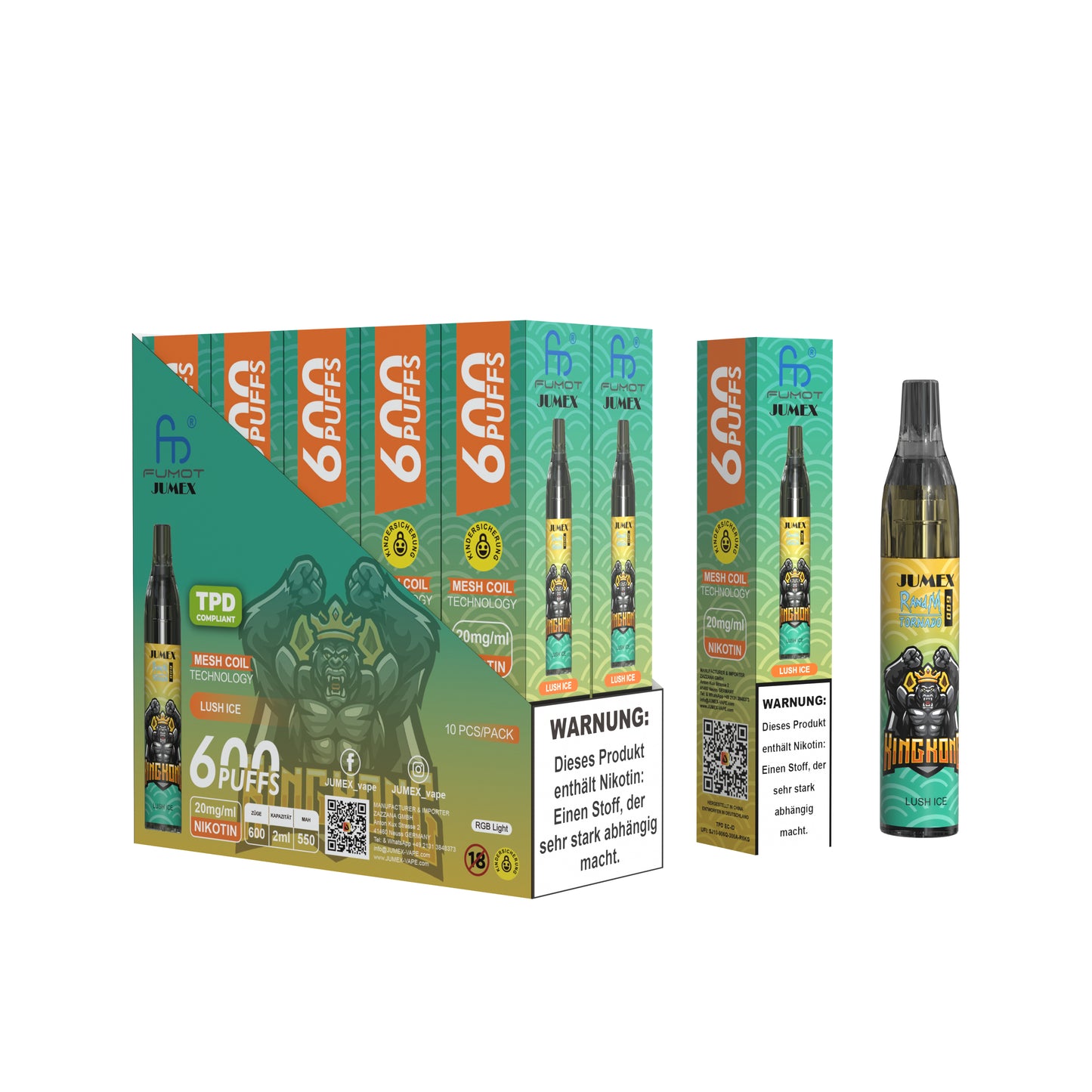 JUNG Jumex 600 Lush Ice Vape mit Nikotin Einweg Verdampfer 600 Züge Wassermelone Eis Nikotin LED Farbanzeige Kindersicherung Kompakt und sicher, Einweg E-Zigarette, ohne Nachfüllung