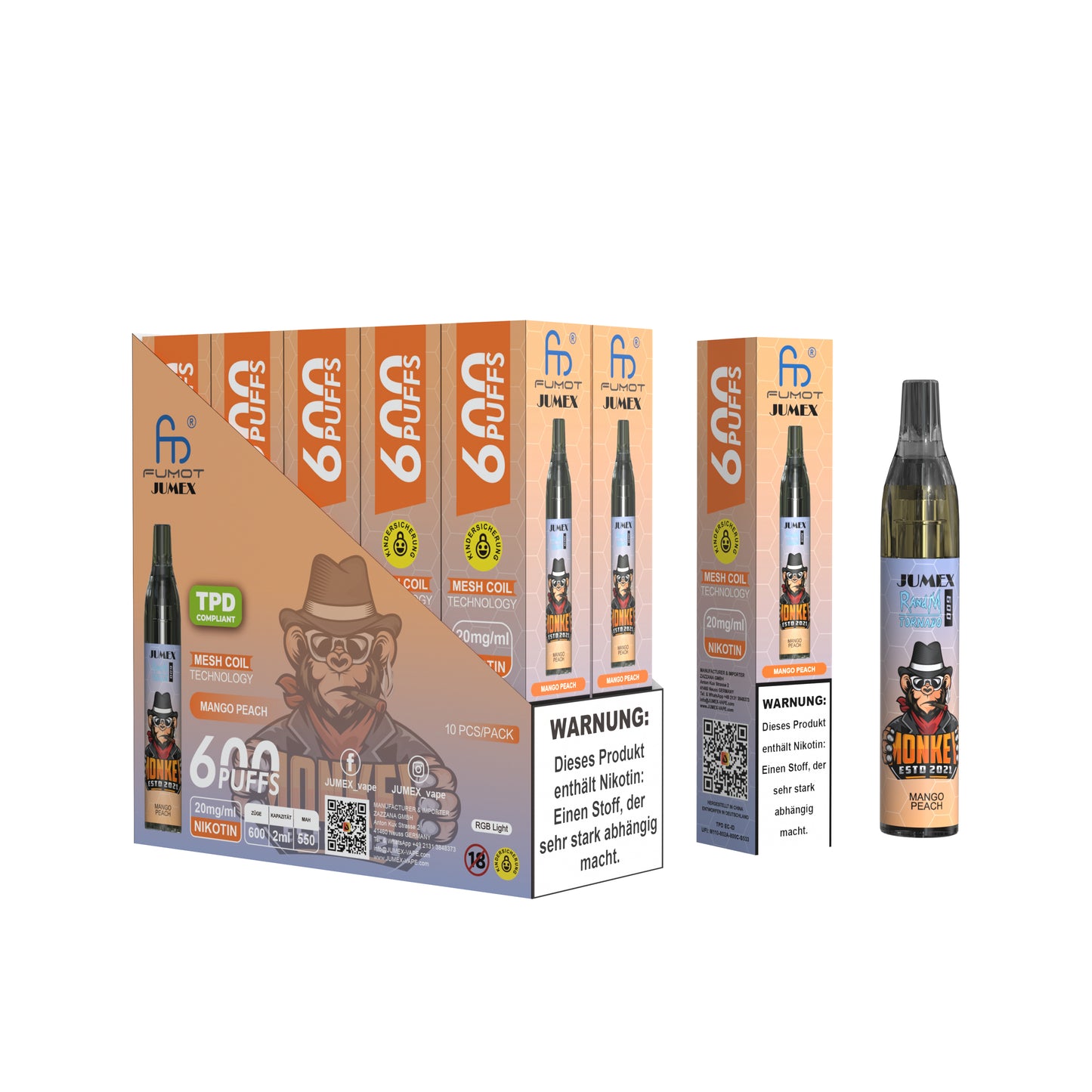 JUNG Jumex 600 Peach Mango Vape mit Nikotin Einweg Verdampfer 600 Züge Pfirsich Mango Nikotin LED Farbanzeige Kindersicherung Kompakt und sicher, Einweg E-Zigarette, ohne Nachfüllung