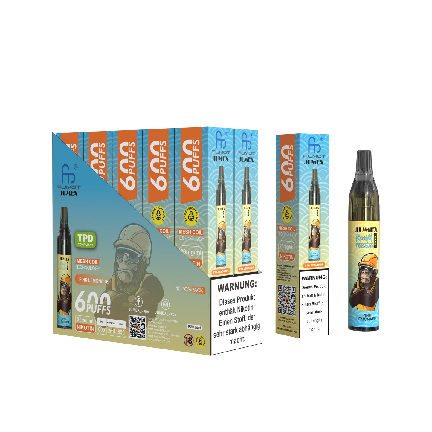 JUNG Jumex 600 Pink Lemonade Vape mit Nikotin Einweg Verdampfer 600 Züge Pinke Limonade Nikotin LED Farbanzeige Kindersicherung Kompakt und sicher, Einweg E-Zigarette, ohne Nachfüllung