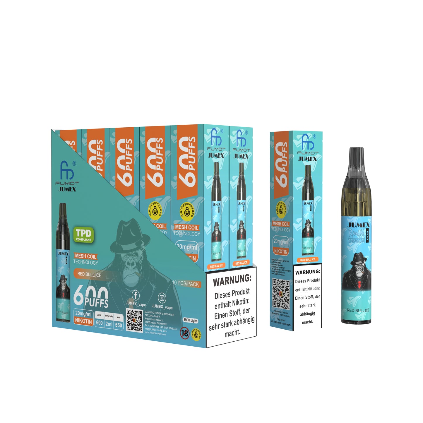 JUNG Jumex 600 Red Bull Ice Vape mit Nikotin – Einweg E-Zigarette mit 600 Zügen, Energy-Drink-Geschmack mit Menthol, kompakt & sofort einsatzbereit, mit Kindersicherung