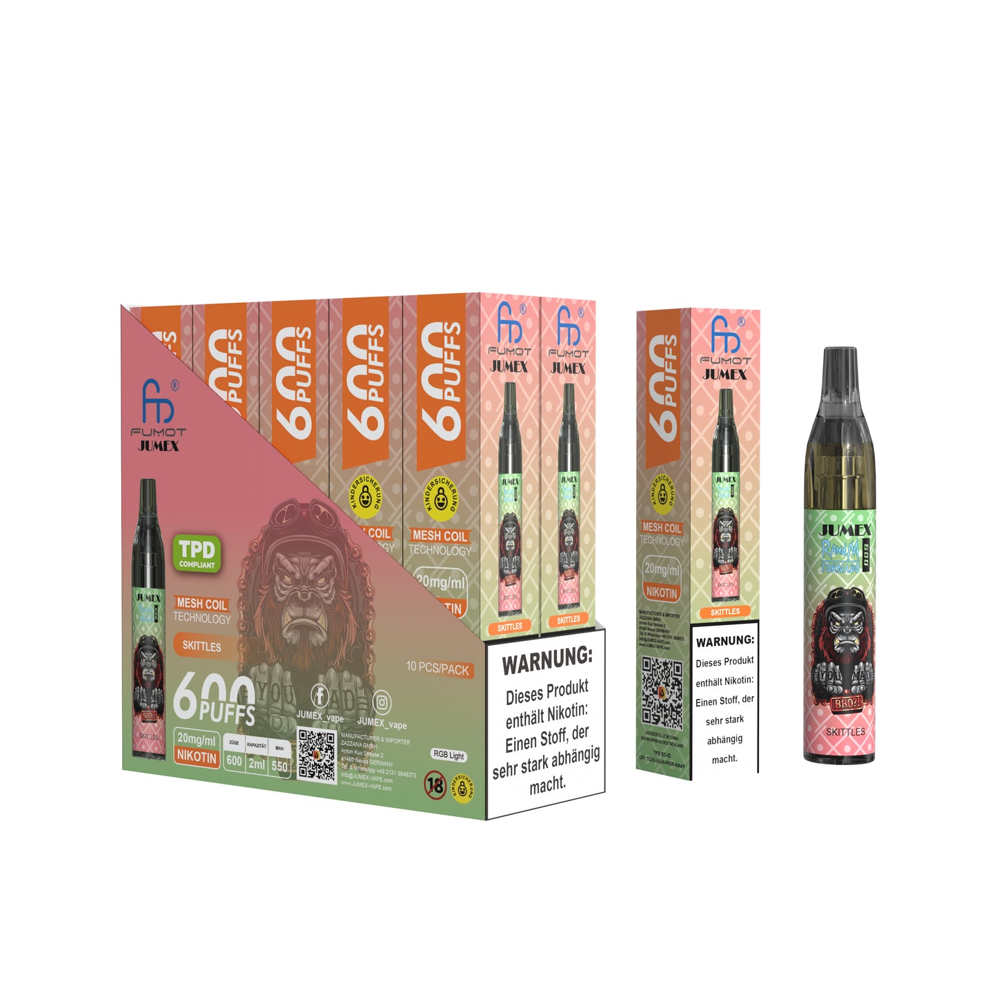 JUNG Jumex 600 Einweg E-Zigarette SKITTLES Geschmack mit Nikotin – Fruchtige Dampfer-Vape mit 600 Zügen, Nikotinsalz, Kompakt, Vape Pen Einweggerät, Verdampfer Liquid Einweg